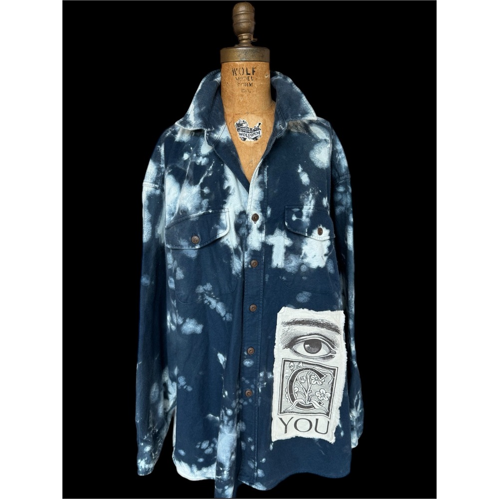 Bleached Indigo Shammy‎ Shacket XL Tall All Seeing Eye Patch Art Wear Jacket - Picture 2 of 10